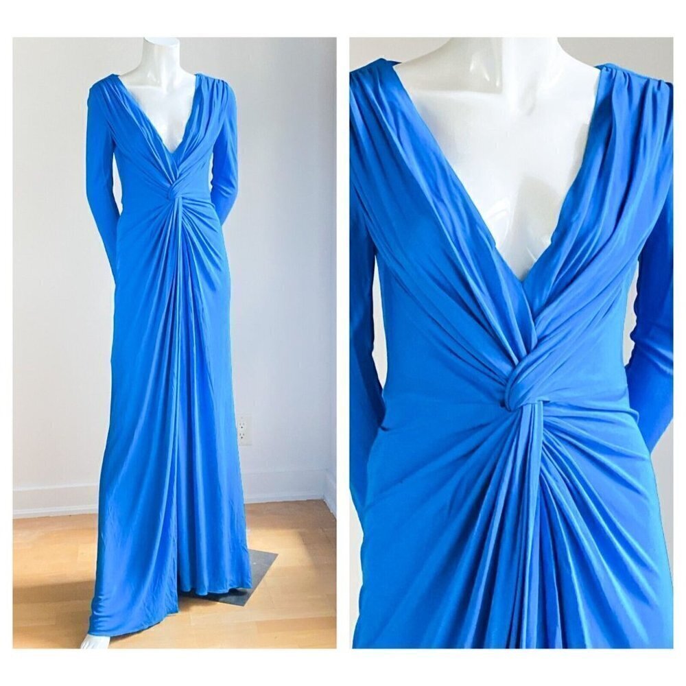 Badgley Mischka Bright Blue Plunging Neckline Ruched Detail Sexy Maxi Dress 0